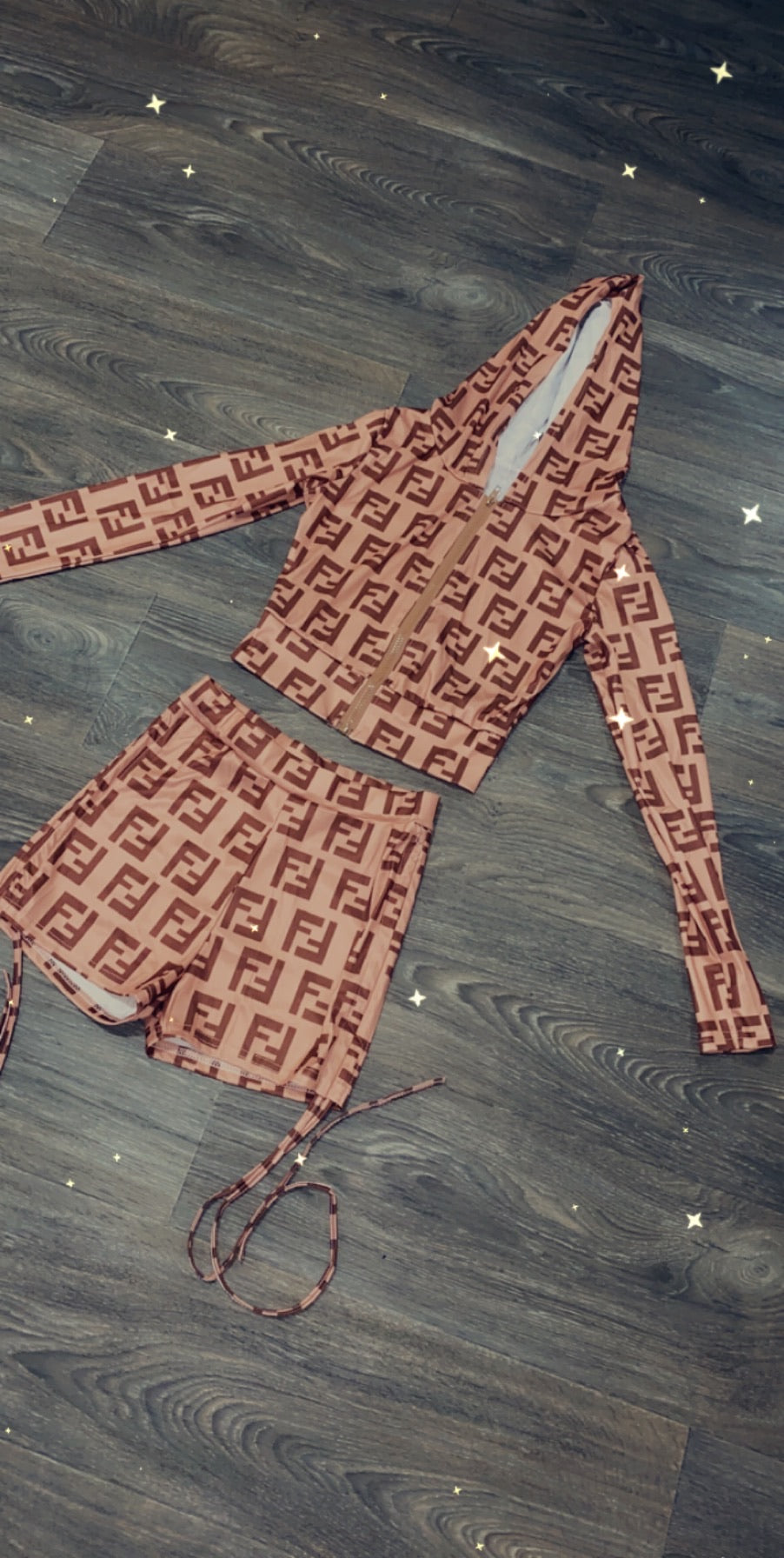 F print hooded short set